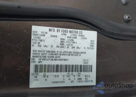 2008 Ford Explorer Xlt из США, поврежденный, VIN 1FMEU73E48UA97861